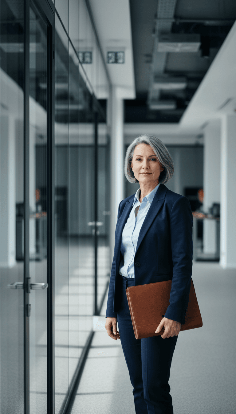 Confident female executive consultant standing in modern office corridor with professional composure