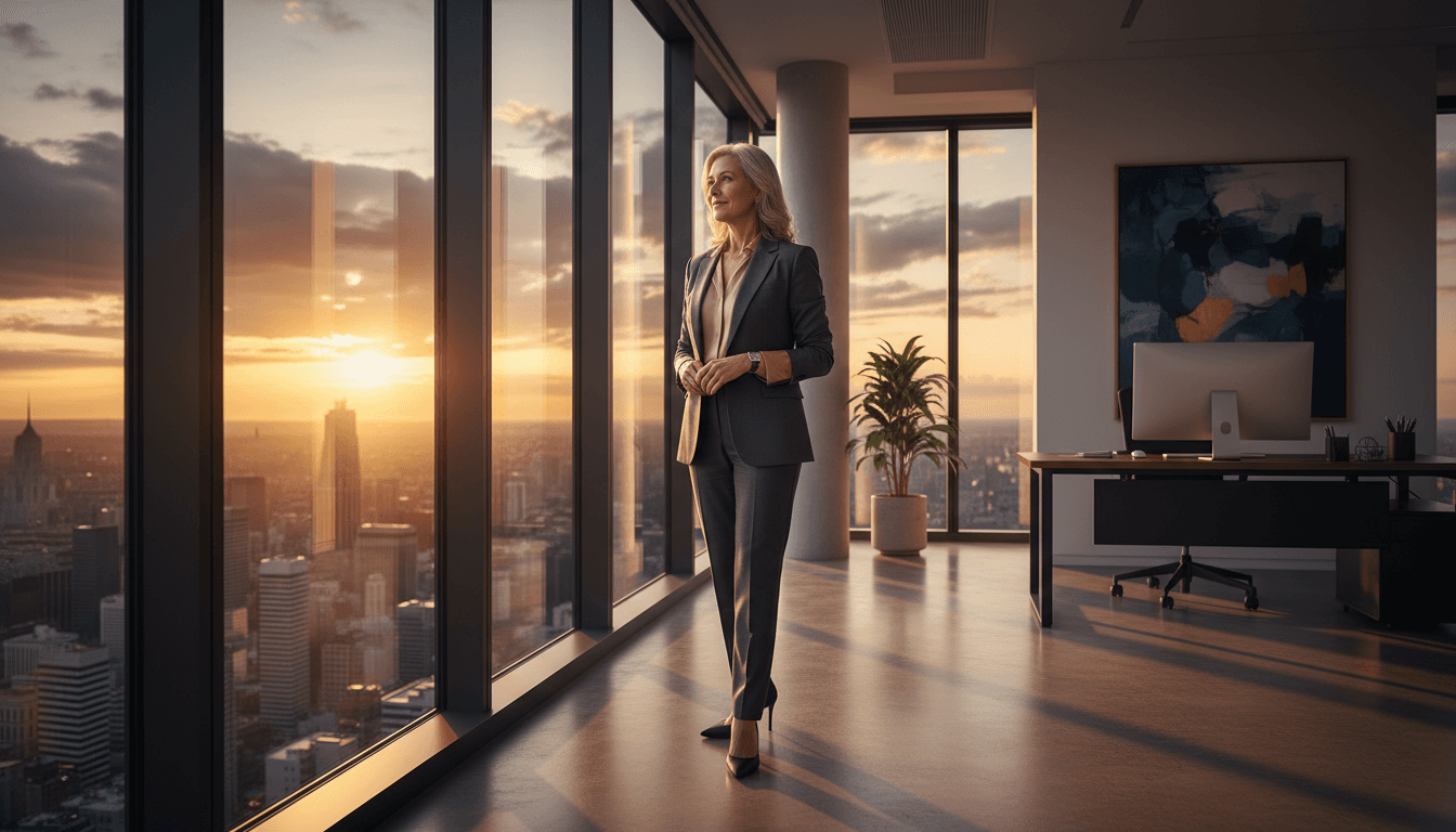 Senior professional in tailored attire standing confidently at office windows overlooking city skyline at sunset, embodying executive leadership