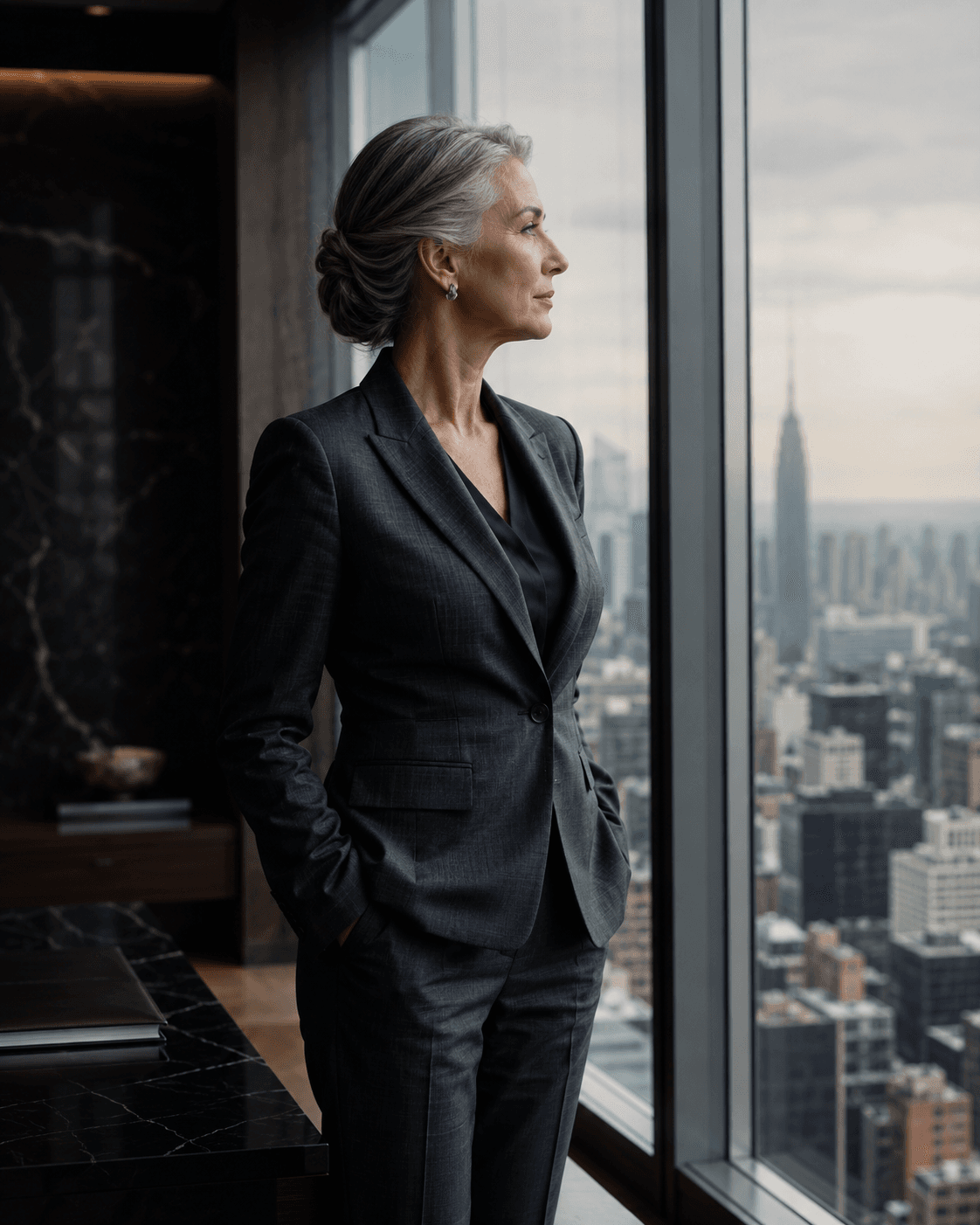 Professional woman in a grey suit gazes out a high-rise window at the city skyline.