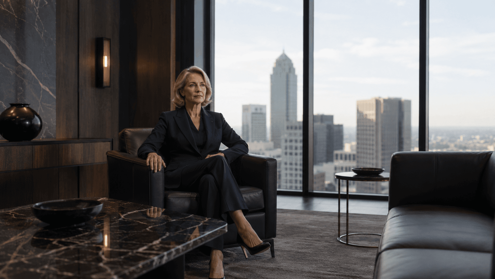 Sophisticated woman in a navy suit sits in a luxury office overlooking a city skyline.